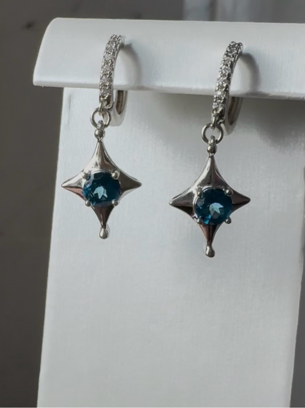 London blue topaz earrings mini hoops with zircons round star shape silver 925